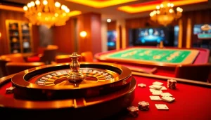 Scène excitante de casino en ligne français avec une roue de roulette, des jetons de poker et des cartes.