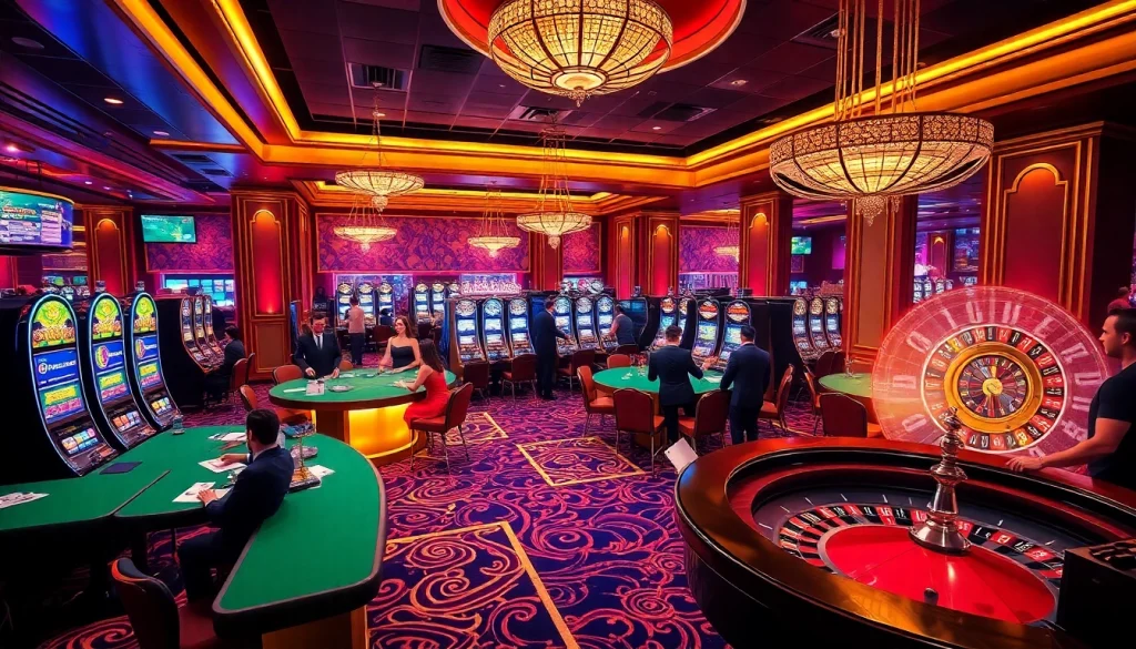 Scène engageante d'un casino en ligne français vibrant, avec des joueurs profitant du poker, des machines à sous et de la roulette.