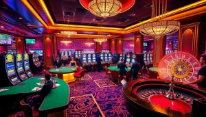 Scène engageante d'un casino en ligne français vibrant, avec des joueurs profitant du poker, des machines à sous et de la roulette.