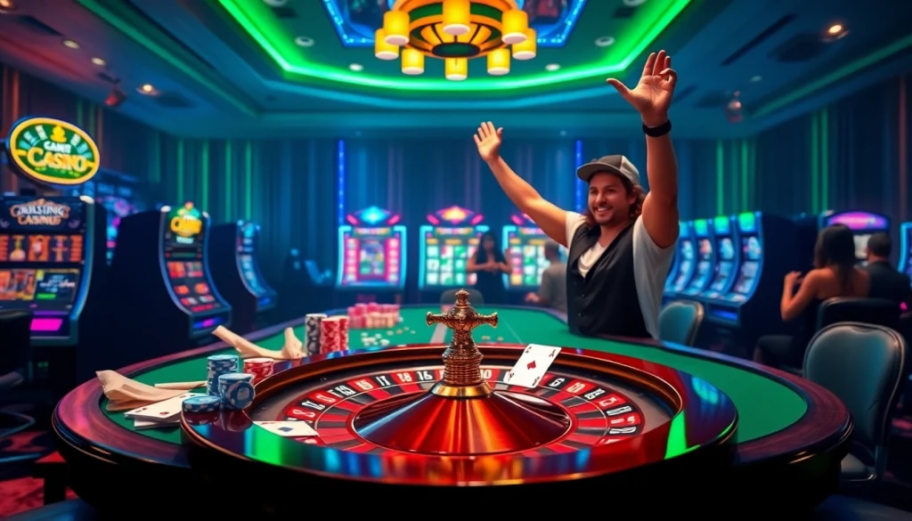 Participez à l'adrénaline du casino en ligne français avec des tables de jeux vibrantes et des joueurs célébrant leurs gains.