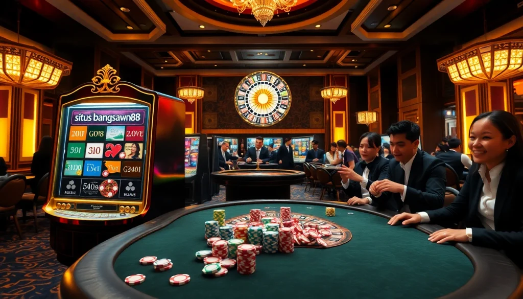 Engaged gamblers enjoying the luxurious situs bangsawan88 slot machines in an exciting casino atmosphere.