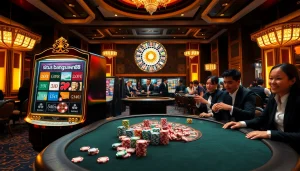 Engaged gamblers enjoying the luxurious situs bangsawan88 slot machines in an exciting casino atmosphere.