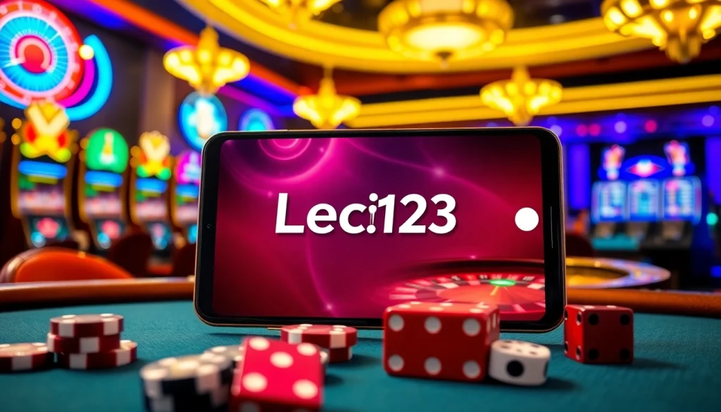 Leci123 app displayed on a smartphone amidst a vibrant casino atmosphere with gaming tables and slots.
