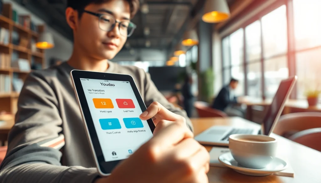 Youdao translation app interface shown on a tablet in a modern café