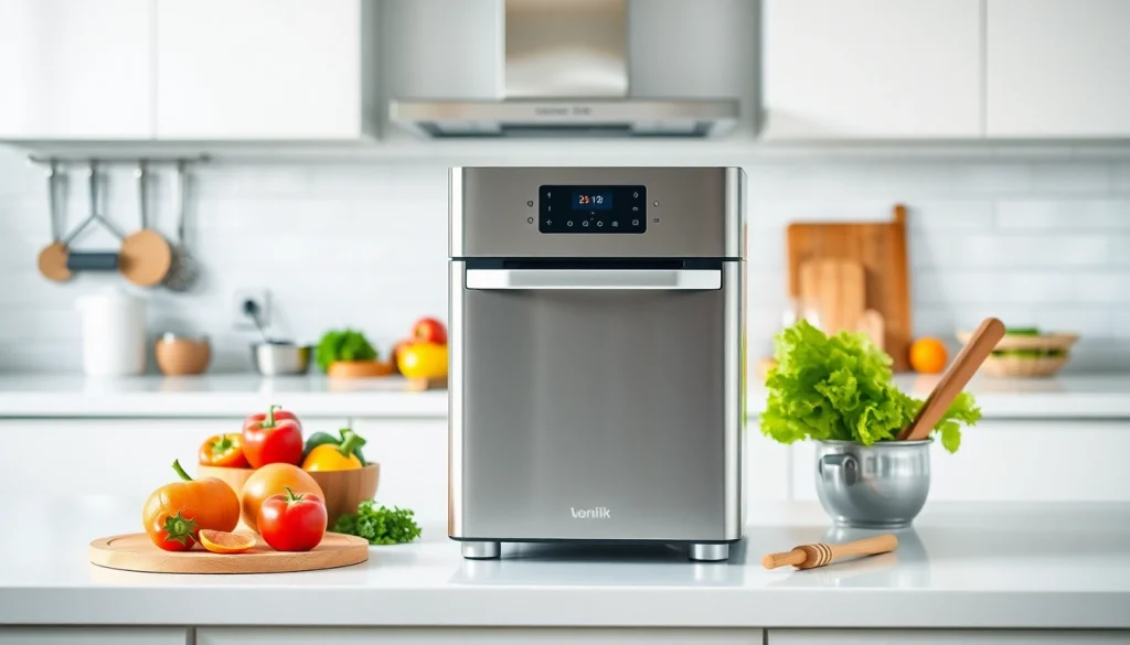 Showcase an affordable appliance in a bright kitchen with fresh ingredients.