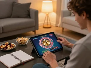 F168 player enjoying live roulette, strategically betting in a modern home setup with cozy ambiance.