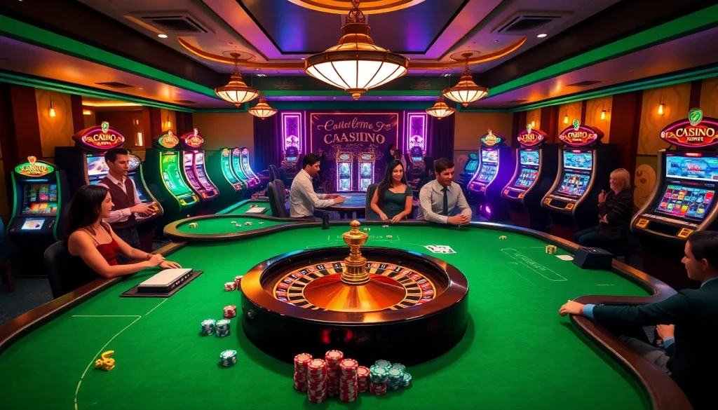 Une scène passionnante de casino en ligne français avec des machines à sous vibrantes, une roulette et des joueurs engagés.