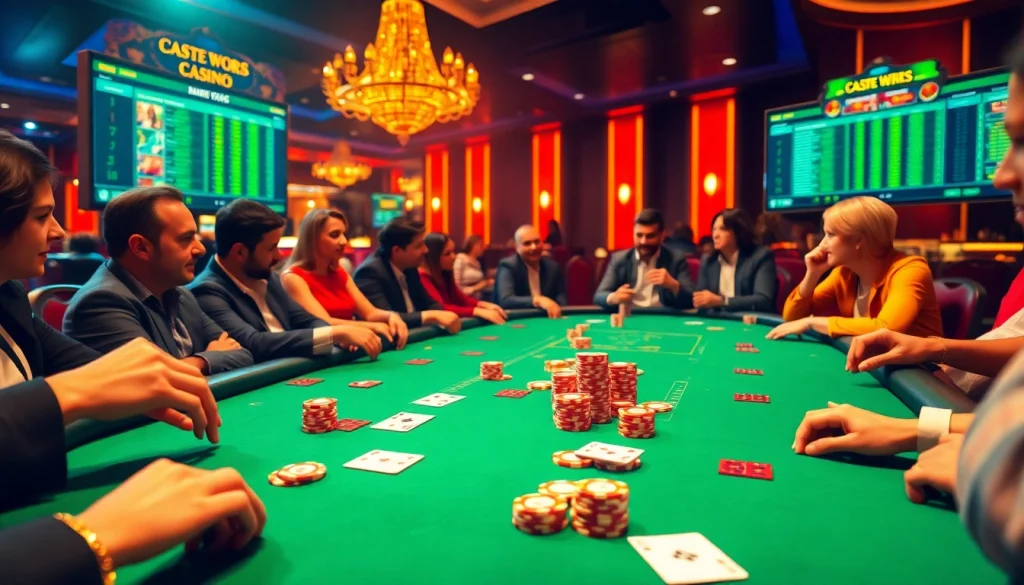 Des joueurs engagés à une table de poker de casino en ligne français, montrant un gameplay palpitant et une atmosphère vibrante.