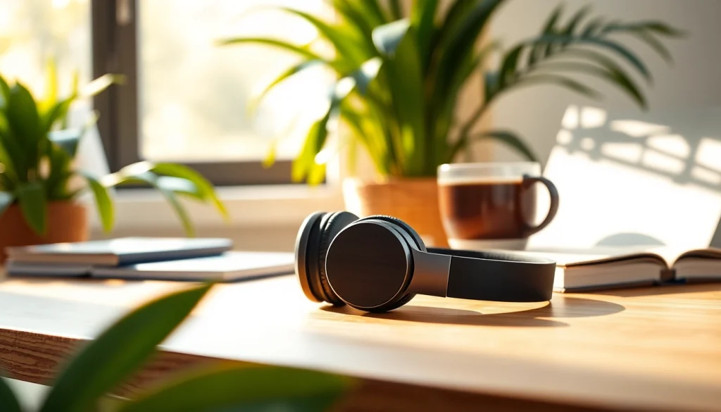 Showcase of Bone X1 Bone Conduction Headphones on a wooden desk, surrounded by green plants, highlighting their design.