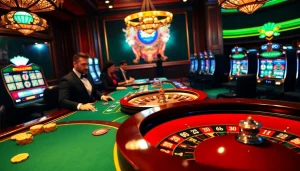 Découvrez un gameplay palpitant avec casino en ligne français dans un cadre luxueux avec des tables de poker et des roues de roulette.