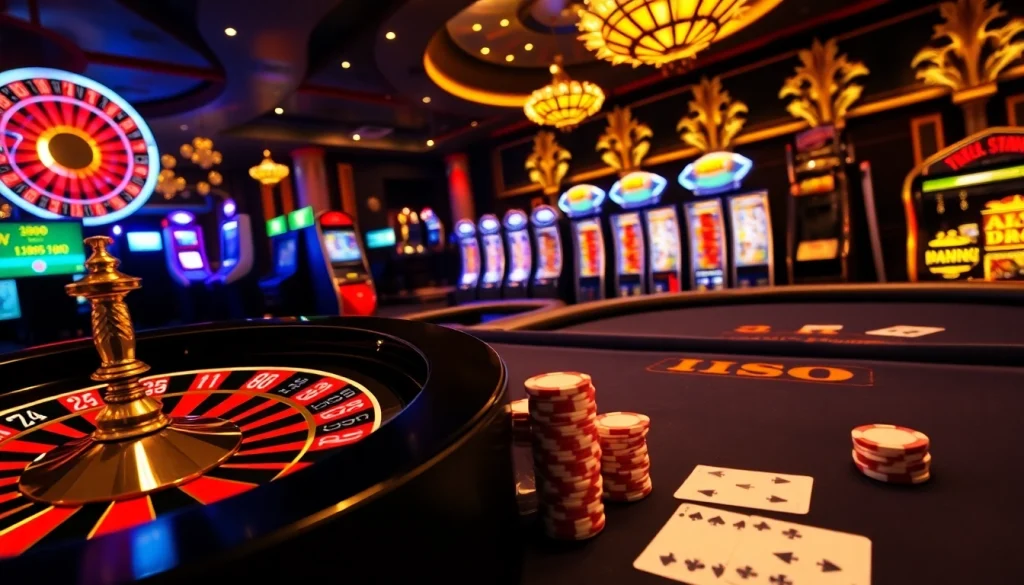 Une expérience de jeu passionnante dans un casino en ligne français avec une roue de roulette, du poker et des machines à sous vibrantes.