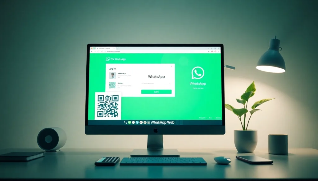 在现代工作空间的时尚电脑上，无缝的 WhatsApp 在线登录，搭配智能手机与植物点缀。