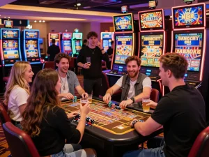 Friends celebrating a win at a link slot machine in a vibrant casino.