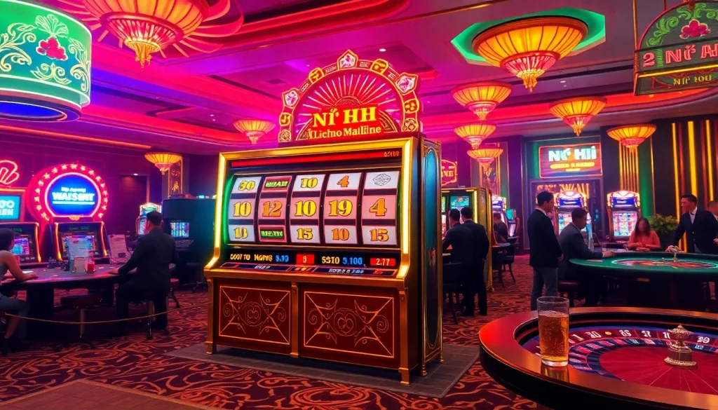 Experience the thrill of nổ hũ at a vibrant casino scene with high-stakes slot machines.