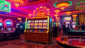 Experience the thrill of nổ hũ at a vibrant casino scene with high-stakes slot machines.