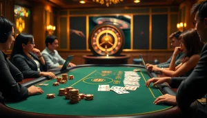 Des joueurs participant à des actions à enjeux élevés à une table de casino en ligne français avec des jetons de poker vibrants.