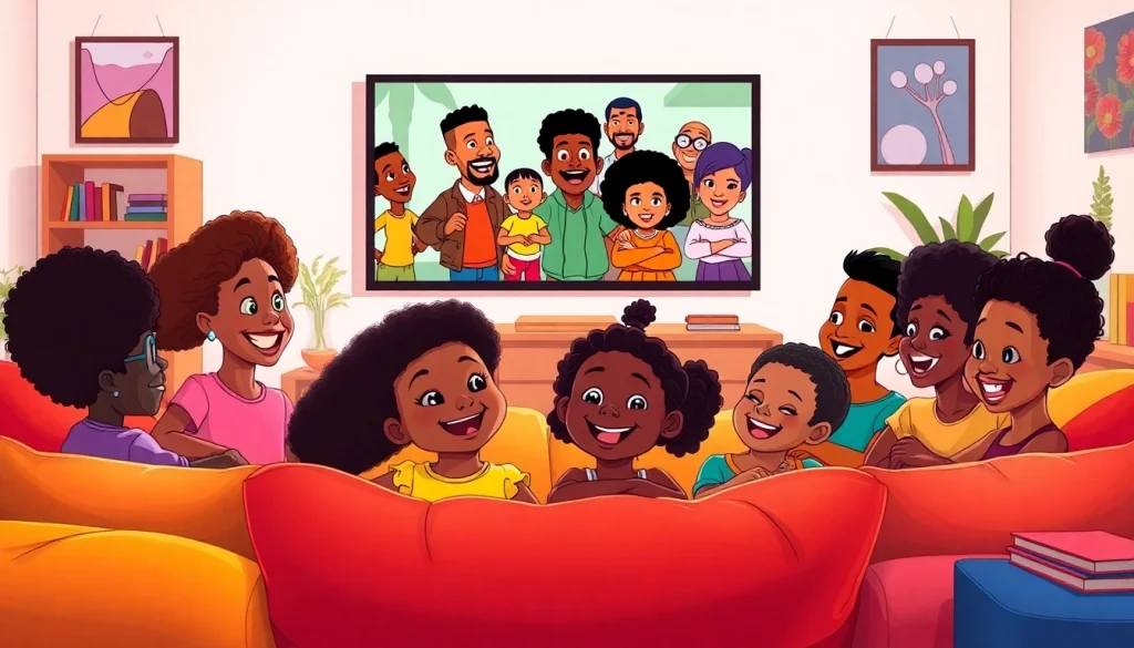 Children enjoying African American cartoons in a cozy living room, celebrating diversity and culture.