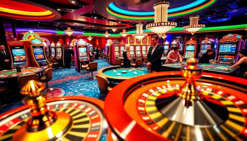 Une scène captivante de luxe dans un casino en ligne français mettant en scène excitation avec roulette, machines à sous et tables de poker.