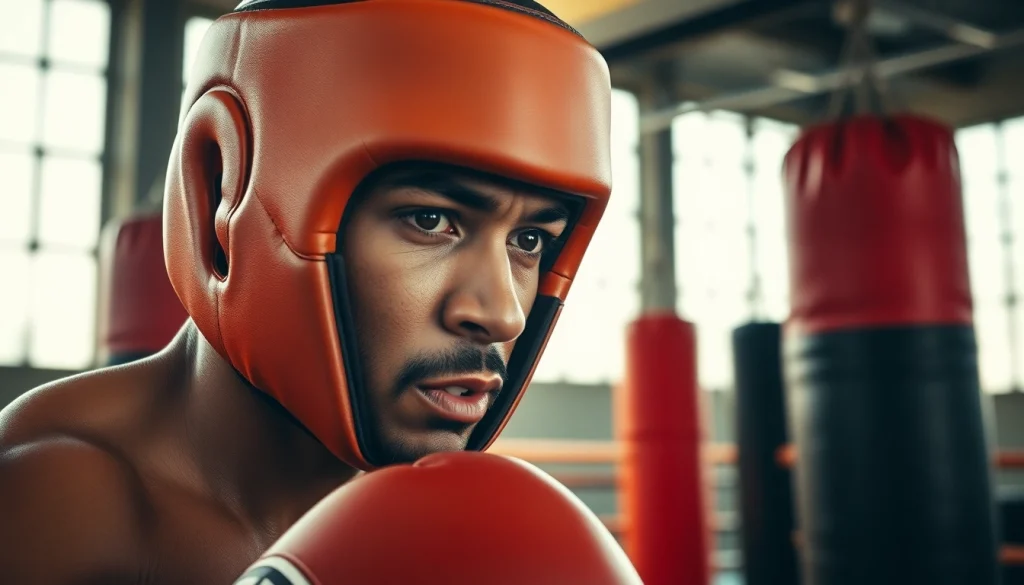Aktiver Boxer mit Headgear Boxing, schützt den Kopf während des Trainings.