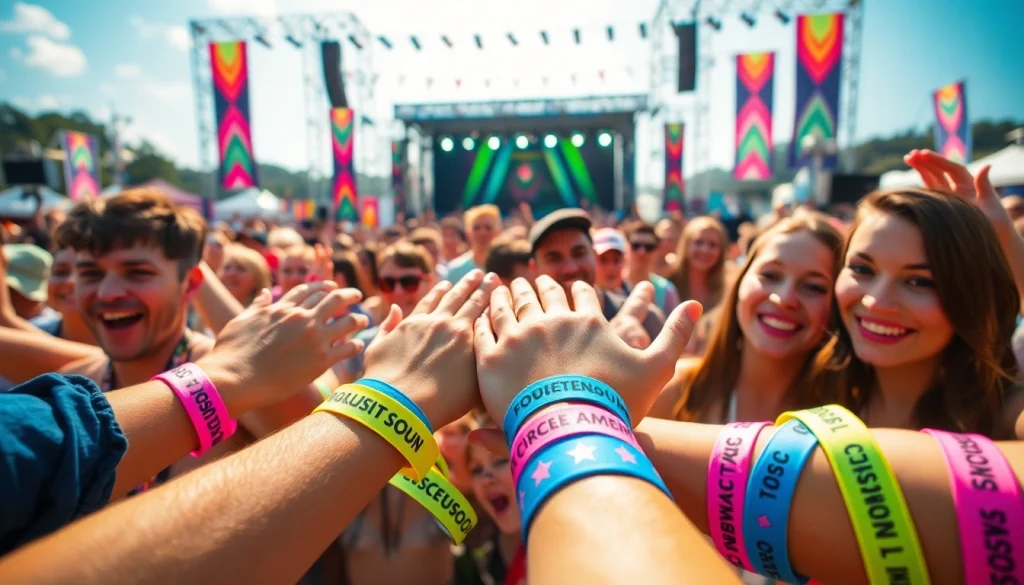 Personalisierte Festival-Stoffarmbänder – Einlassbänder, gezeigt in einer lebhaften Festivalatmosphäre, in der Besucher das Event genießen.