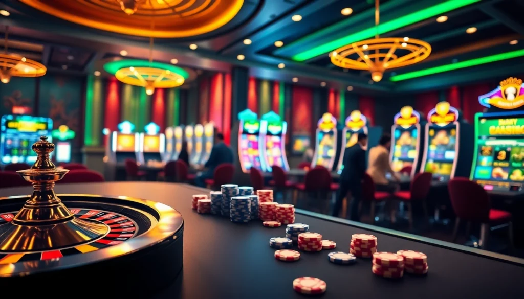 Vivez l'excitation du casino en ligne France avec une scène de jeu en ligne dynamique mettant en vedette la roulette et les machines à sous.