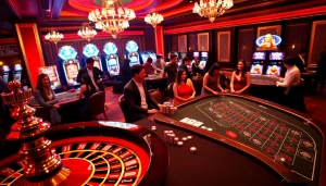 Players celebrating a win at Hay88 casino, featuring roulette and blackjack tables filled with action.