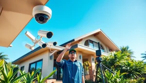 Cámaras de seguridad en Guanacaste instaladas en una casa moderna, mostrando sistemas de alta tecnología y la experiencia de técnicos locales.