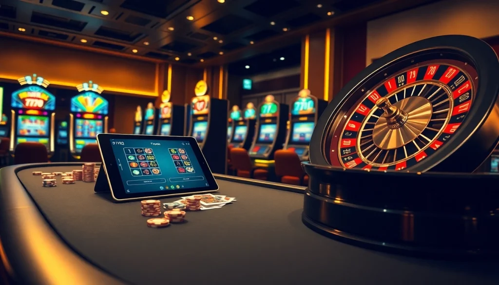 Participe de jogabilidade emocionante no cassino 77qq, com mesas, fichas, cartas e interfaces digitais.