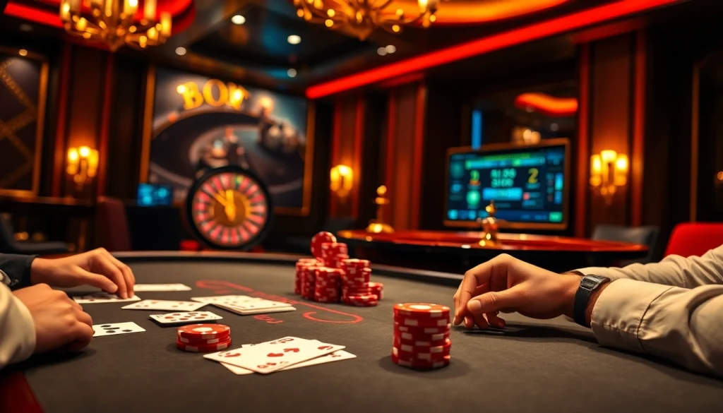 Vivez le frisson du casino en ligne français avec une scène de table de poker captivante mettant en vedette des joueurs, des jetons et une roue de roulette.