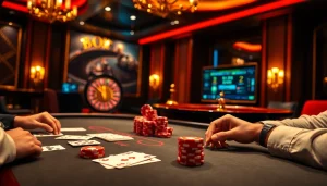 Vivez le frisson du casino en ligne français avec une scène de table de poker captivante mettant en vedette des joueurs, des jetons et une roue de roulette.