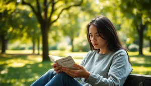 Individual reflecting on notes about depression symptoms in a peaceful park setting.