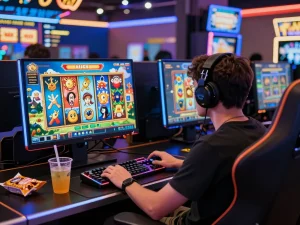 Pemain menikmati pengalaman situs slot di set permainan online yang cerah dengan lampu LED dan visual yang mendalam.