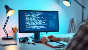 Morse code to text converter interface displayed on a computer screen with educational materials and audio training props.