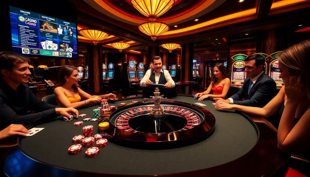 Vivez l'excitation dans un casino en ligne français luxueux avec des tables élégantes et des joueurs joyeux.