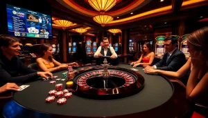 Vivez l'excitation dans un casino en ligne français luxueux avec des tables élégantes et des joueurs joyeux.