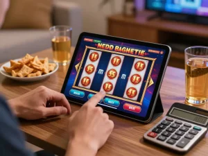 Excited player enjoying slot bet 200 on tablet during a cozy home gaming session.