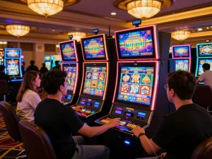 Players engaging with slot777 machines in vibrant casino atmosphere, capturing excitement and gameplay.