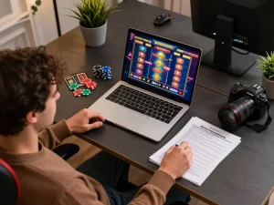 Player engaged in slot games on laptop while reviewing bankroll management notes at stylish desk
