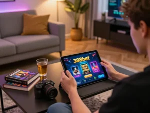 Engaging with the 388bet casino app on a tablet during an online gaming session in a cozy living room.