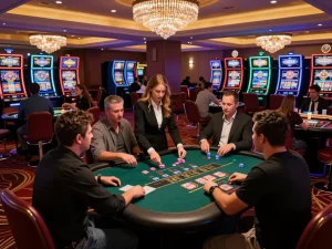 Dunrightbuildingservices highlights strategic gameplay at a lively casino table with players engaging in blackjack and roulette.