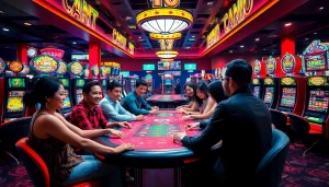 Neue casino bonus ohne einzahlung, celebrating excitement in a lively casino environment with players and bright lights.