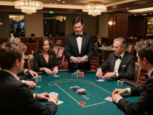 FAFA 828 captures high-stakes poker gameplay in an upscale casino atmosphere, showcasing excitement and sophistication.