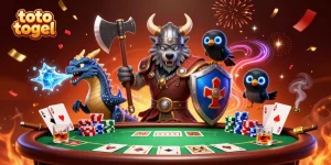 Engage with thrilling action of toto togel featuring a Viking wolf warrior, fierce dragon, and poker elements in a vibrant scene.