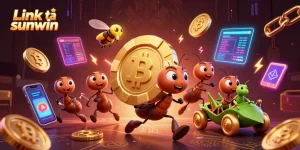 Engaging Link tải sunwin illustration showing ants on a heist with a golden chip and crypto elements