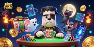 Play "slot hoki" cards with a cartoon bulldog and winnings surrounded by slots and crypto coins
