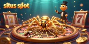 Spin slot reels in action at situs slot with a golden spider and a centipede croupier, creating casino excitement.