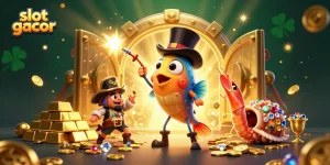Engage with slot gacor as a cartoon anglerfish attracts gold coins, creating excitement in the casino scene.