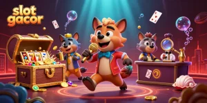 Engage in slot gacor fun with hyenas in a lively casino scene, showcasing vibrant colors and dynamic characters.