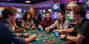 Online casinos that accept credit cards featured in a vibrant gaming lounge with players engaging in exhilarating experiences.