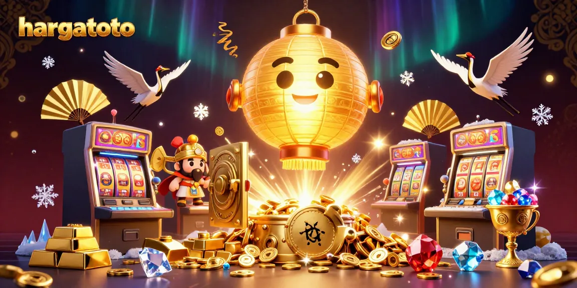 Spin the reels and win big at hargatoto with golden lanterns, slot machines, and vibrant casino elements.